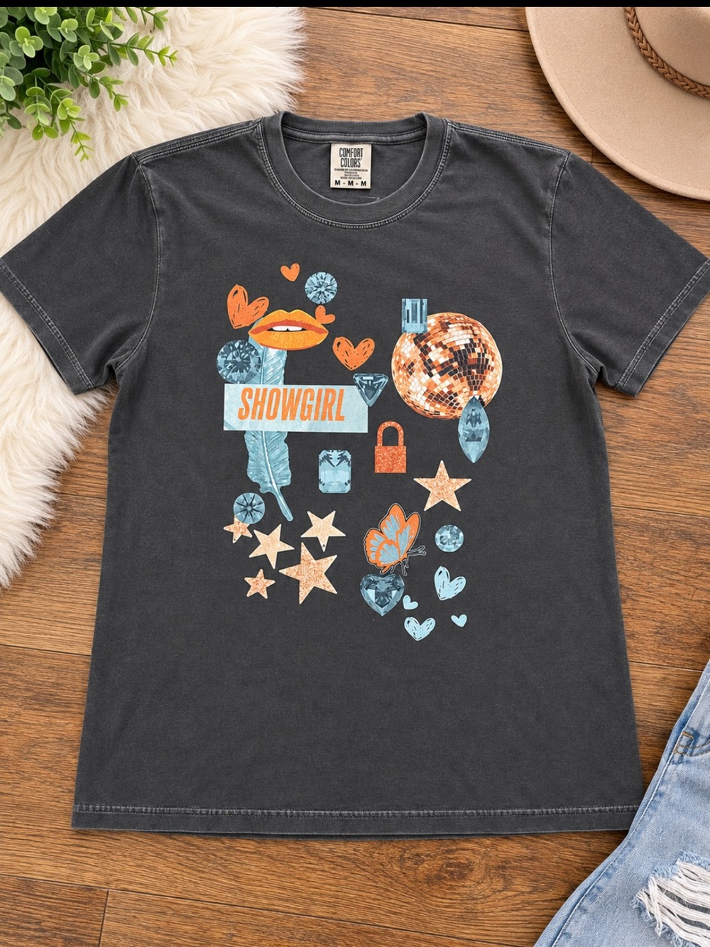 Taylor Swift Comfort Colors Black 'Showgirl' Graphic Tee with Blue & Orange